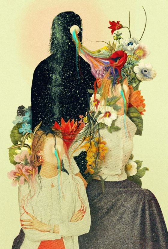 Immagine surrealista di tre donne sui cui corpi crescono fiori.