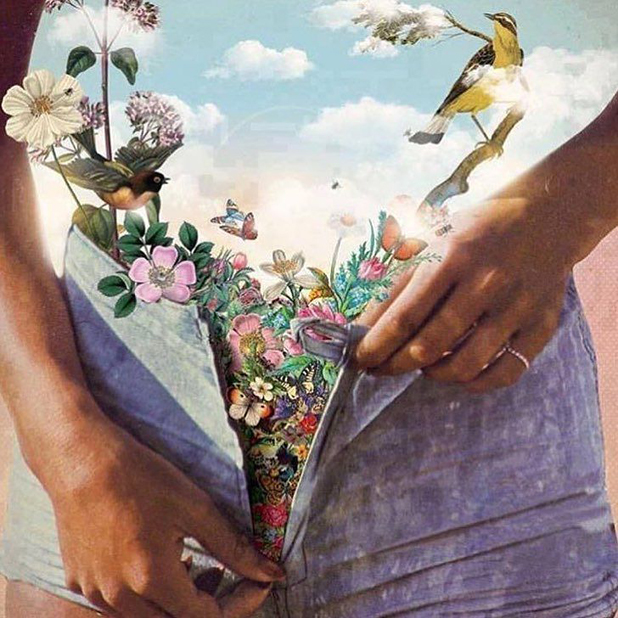 collage di una donna fatta di fiori e natura sotto ai vestiti